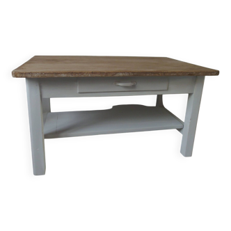 Coffee table made from a vintage table, pearl gray patina, wooden top.