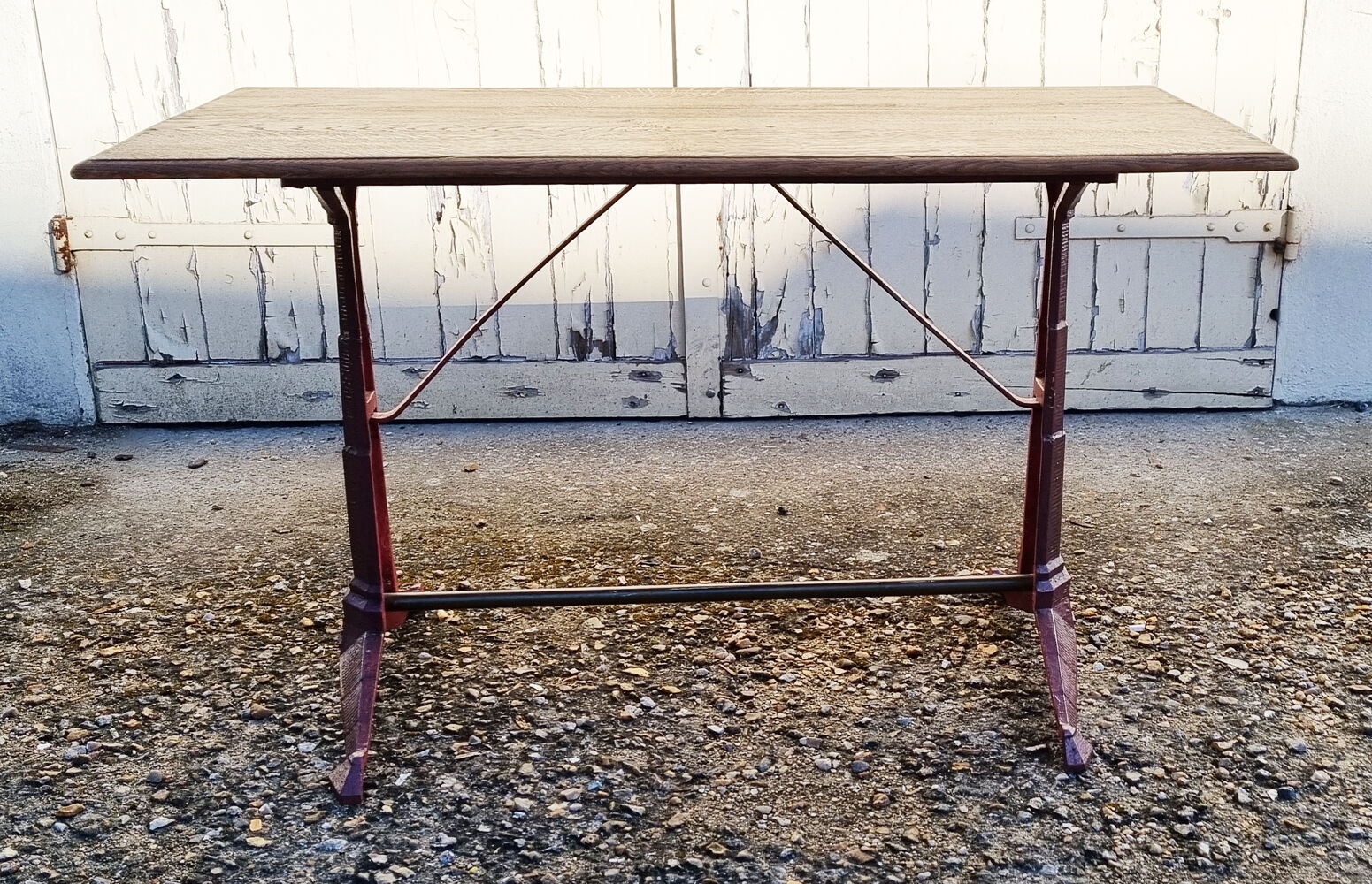 Bistro table, raw natural wood and cast iron foot, vintage