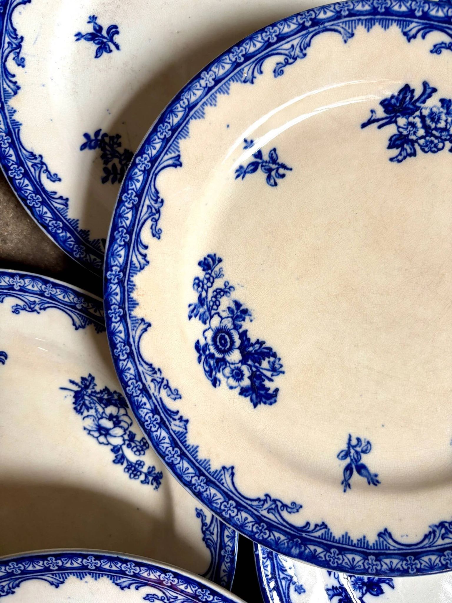 6 assiettes plates Staffordshire en terre de fer bleue