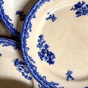 6 assiettes plates Staffordshire en terre de fer bleue