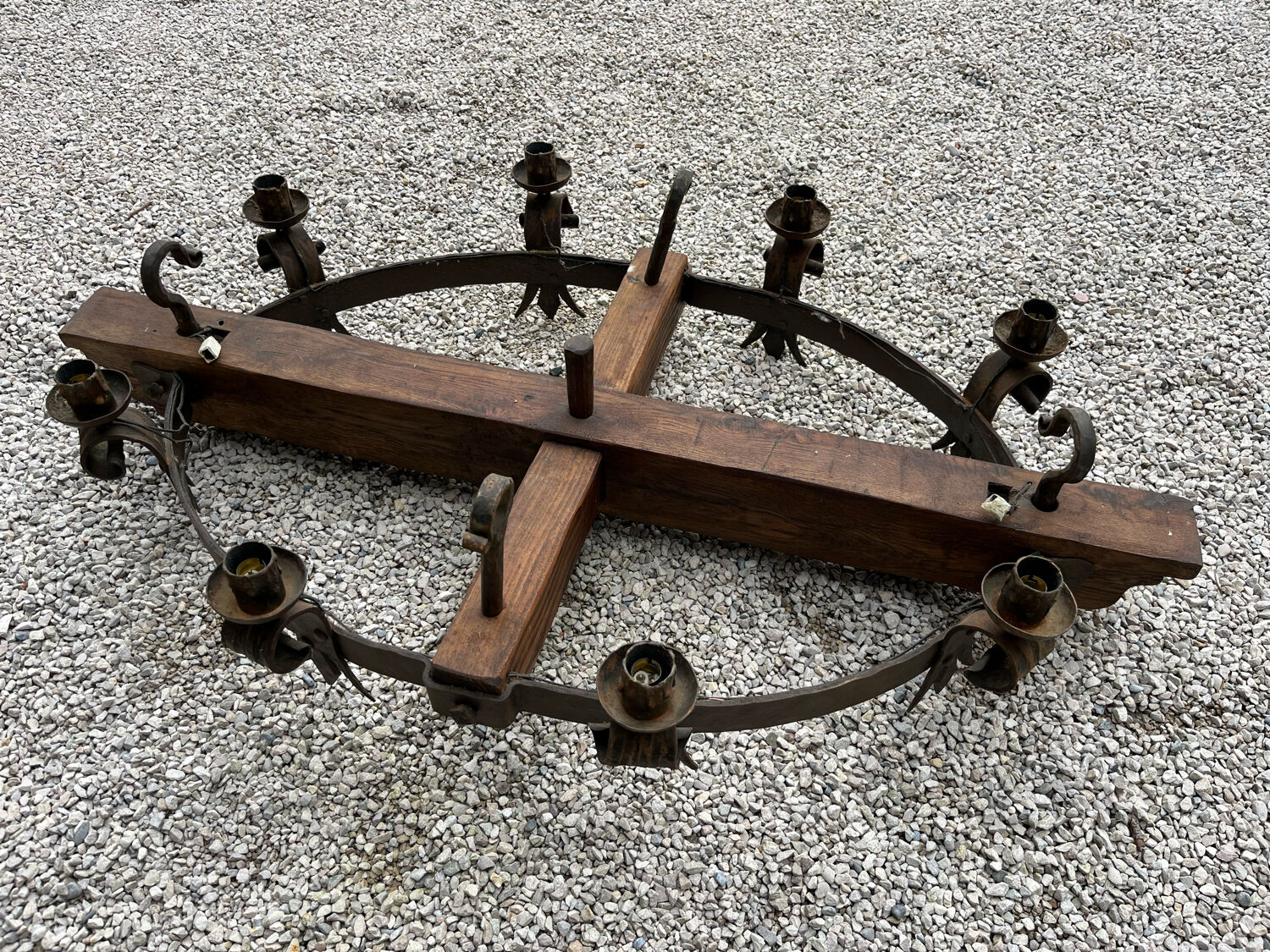 Castle chandelier in oak and cast iron 1950 60