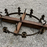 Castle chandelier in oak and cast iron 1950 60