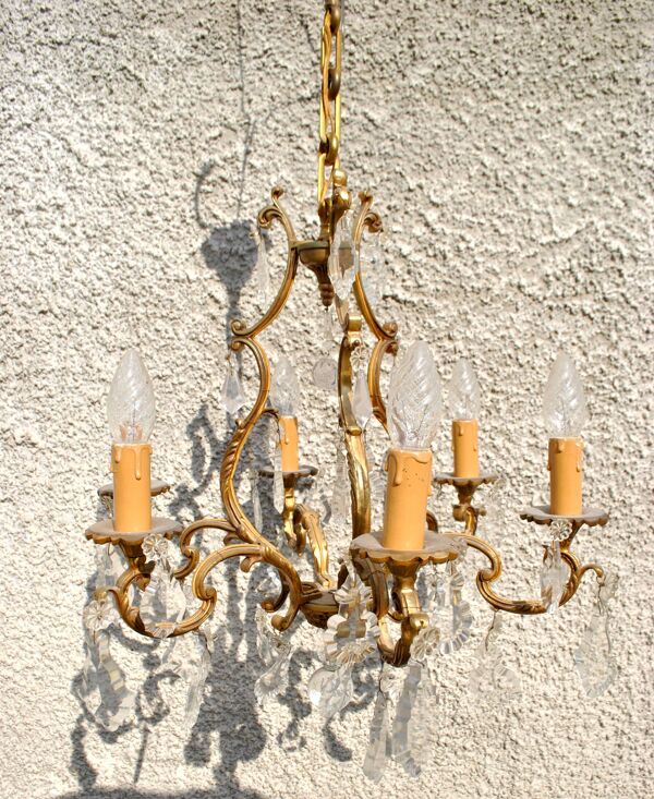 Lustre à pampilles rétro bronze doré et cristal - suspension lampe 6 feux