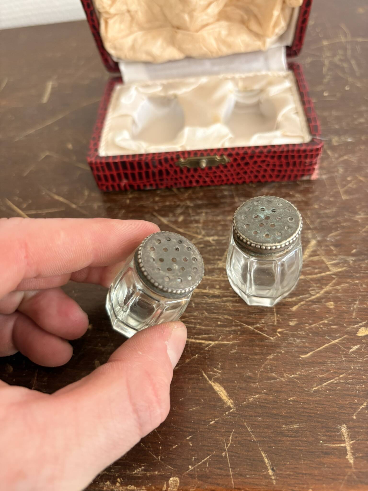Vintage Salt and Pepper Set, Salt Shaker, Pepper Shaker, Art Deco Case and Bottle