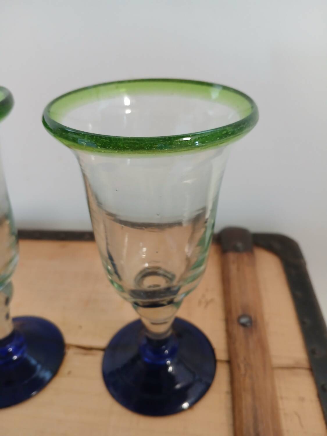 3 stemmed glasses in bubble and blown glass