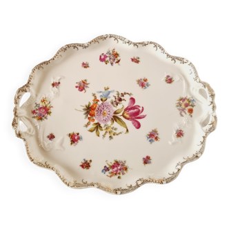 Plateau Assiette en Porcelaine Française bords repoussés et dorés à décor floral