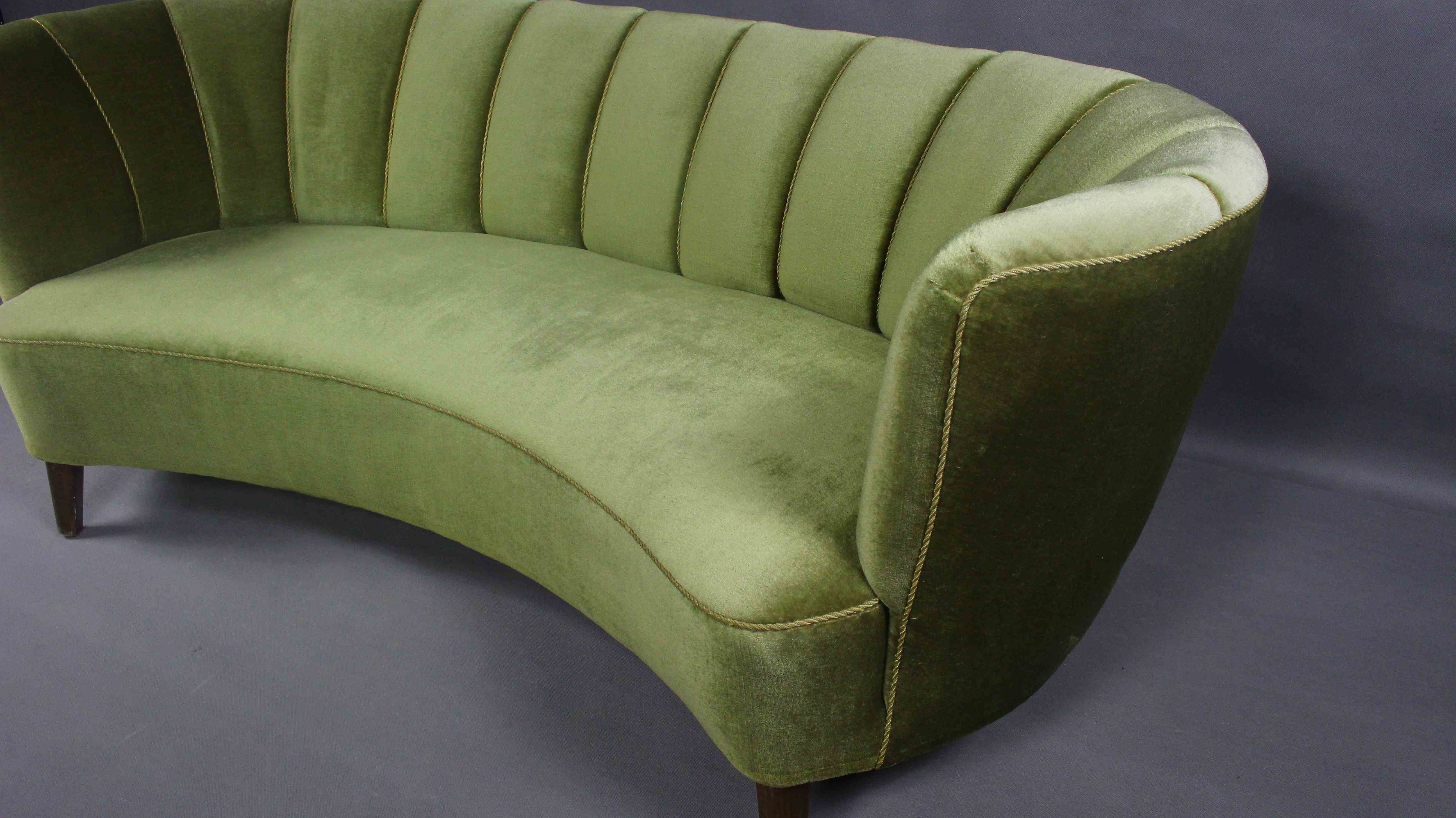 Danish curved velvet banana sofa, 1950