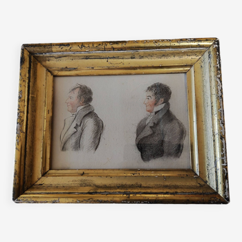 Drawing 19th century male portraits study gilded stuccoed wood frame