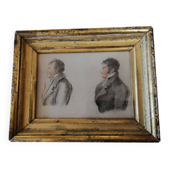 Drawing 19th century male portraits study gilded stuccoed wood frame
