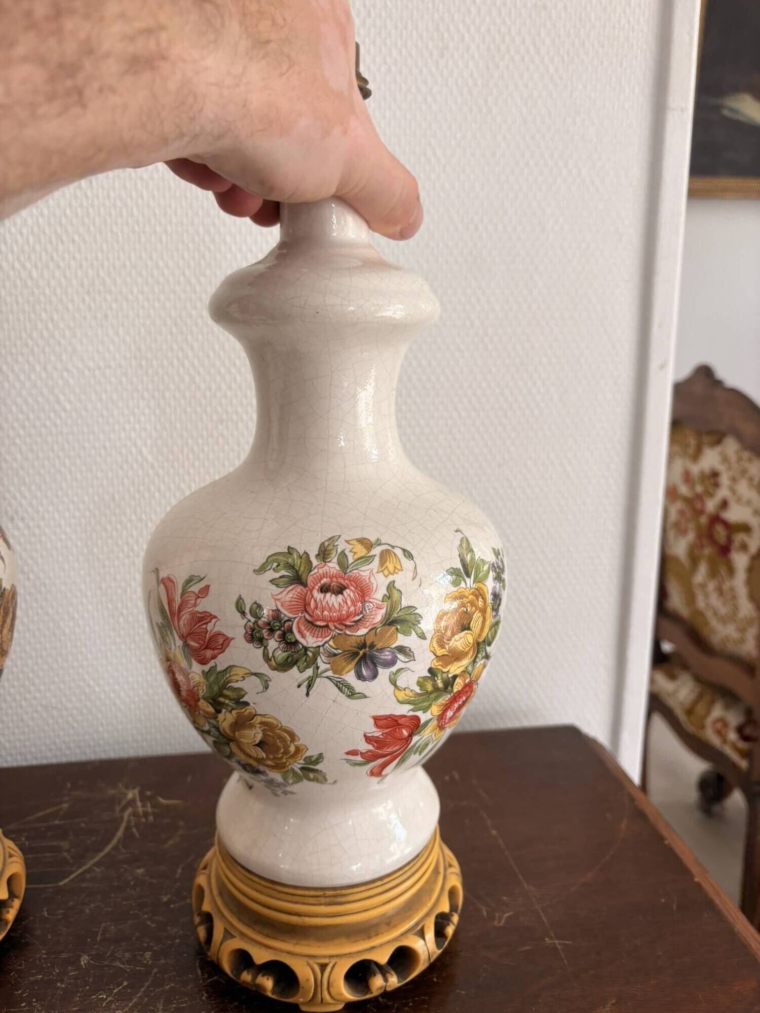 Antique Pair of Ceramic Floral Bulbous Lamps Shabby Chic