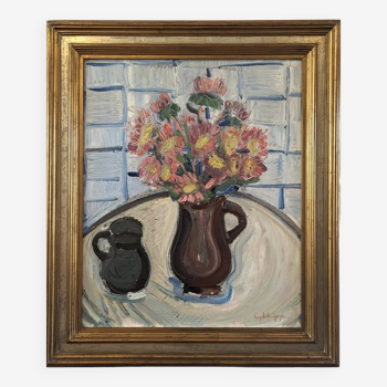 Peinture à l'huile de nature morte vintage suédoise moderne du milieu du siècle « Fleurs roses », encadrée