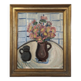 Mid-Century Modern Swedish "Pink Flowers" Vintage Still Life Oil Painting, Framed