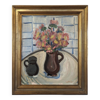 Peinture à l'huile de nature morte vintage suédoise moderne du milieu du siècle « Fleurs roses », encadrée