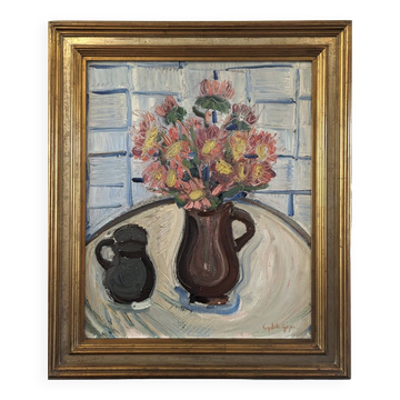 Peinture à l'huile de nature morte vintage suédoise moderne du milieu du siècle « Fleurs roses », encadrée