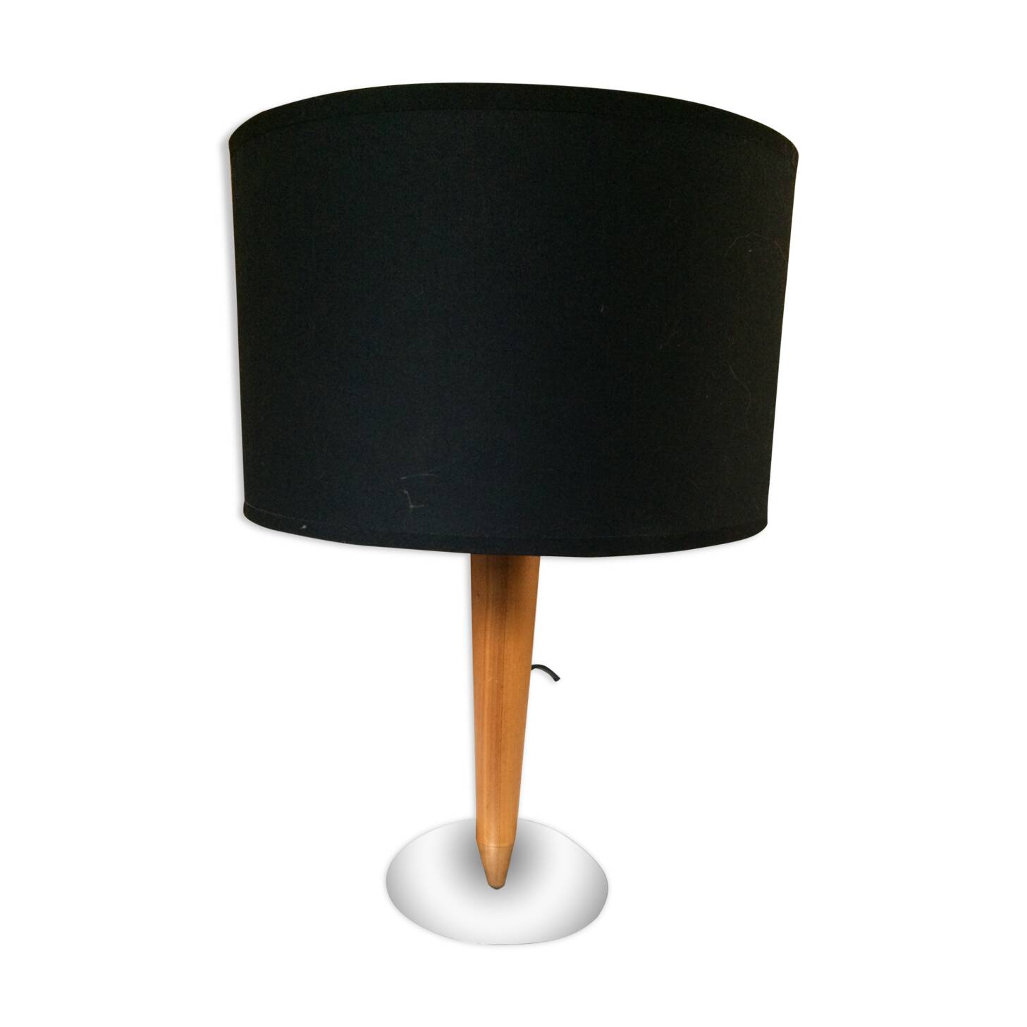 Lamp, light wood foot and stainless steel base, black shade