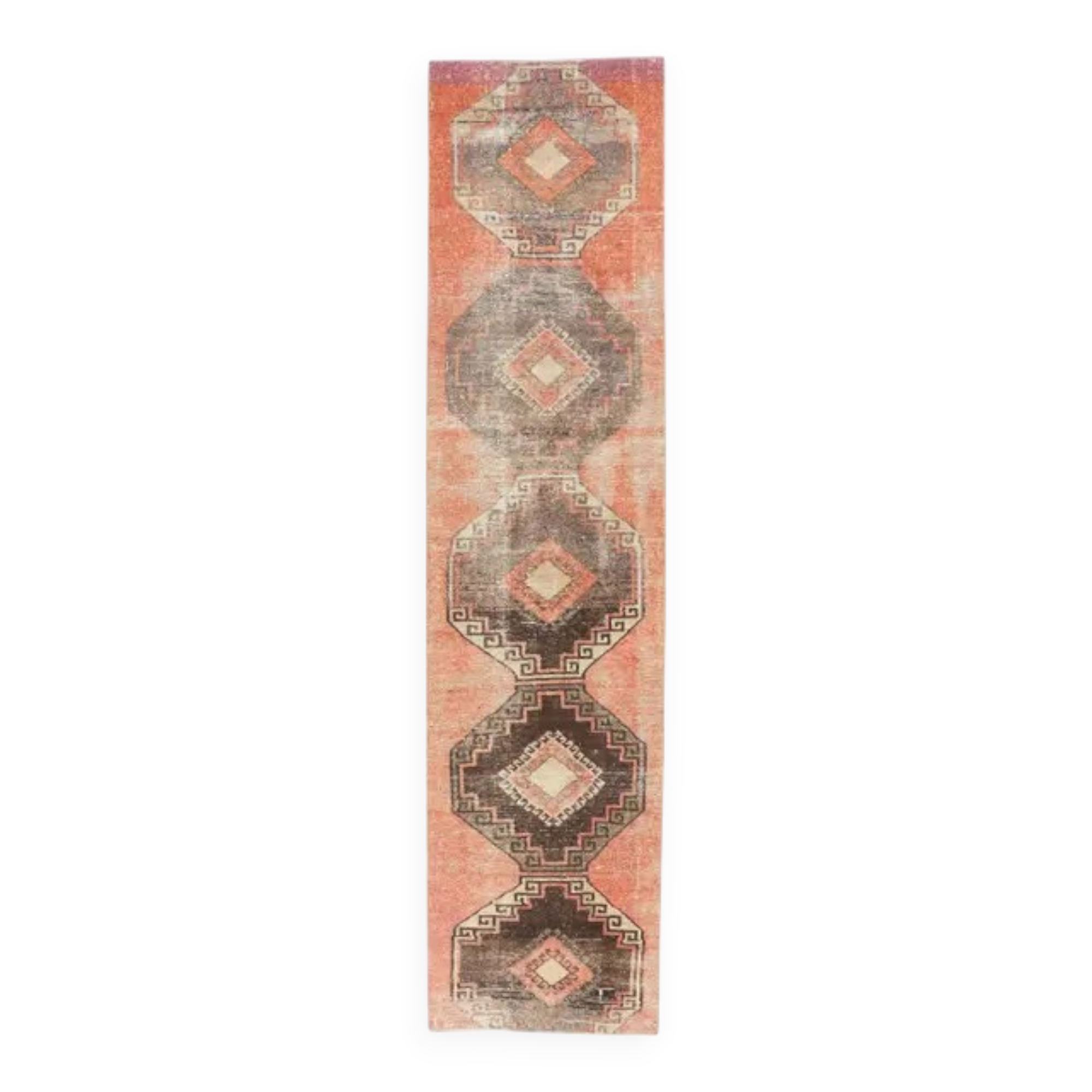 1960s orange geometric Turkish hand-knotted runner rug 81x337