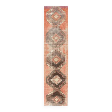 1960s orange geometric Turkish hand-knotted runner rug 81x337
