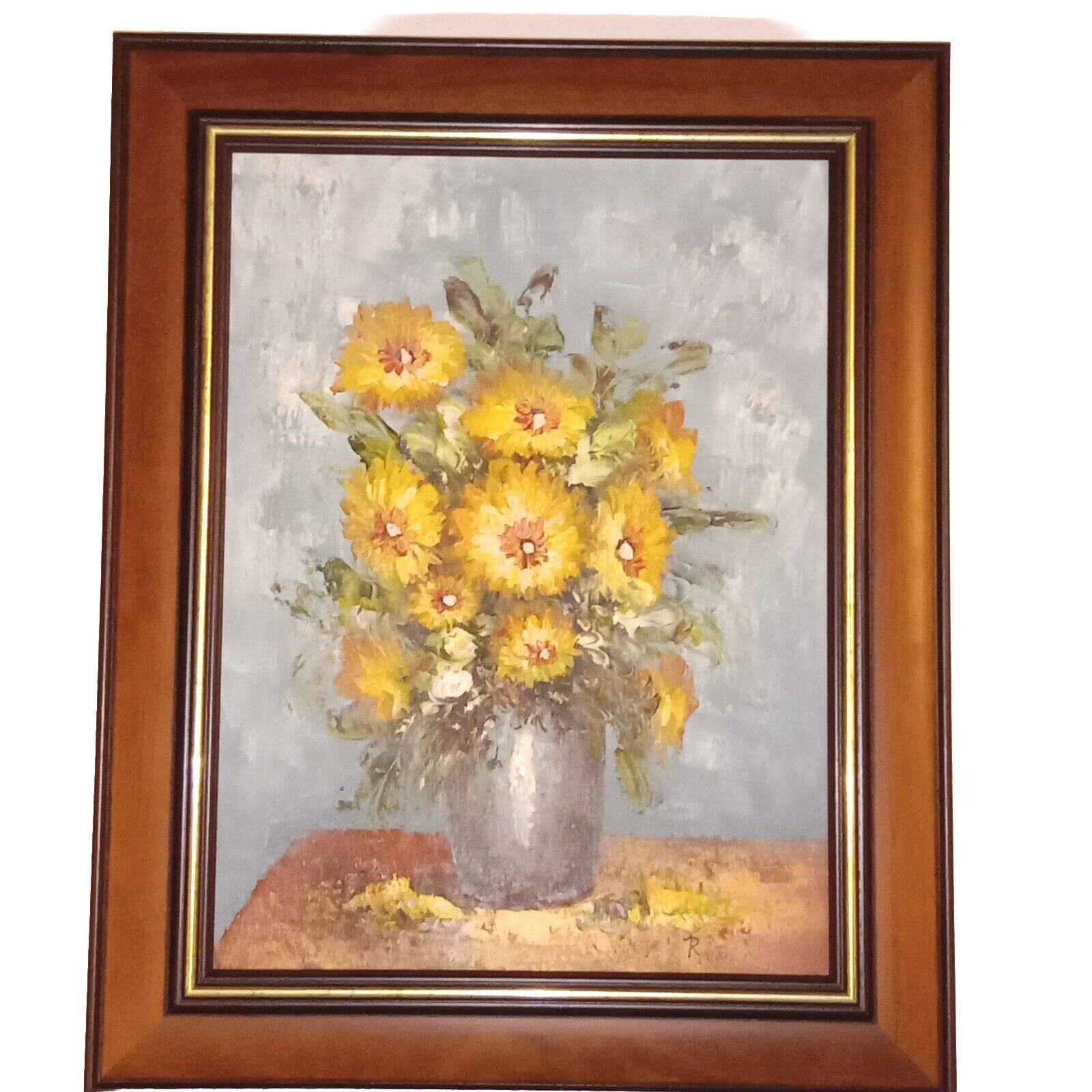 Still Life Bouquet of Yellow Flowers Oil on Canvas Signed