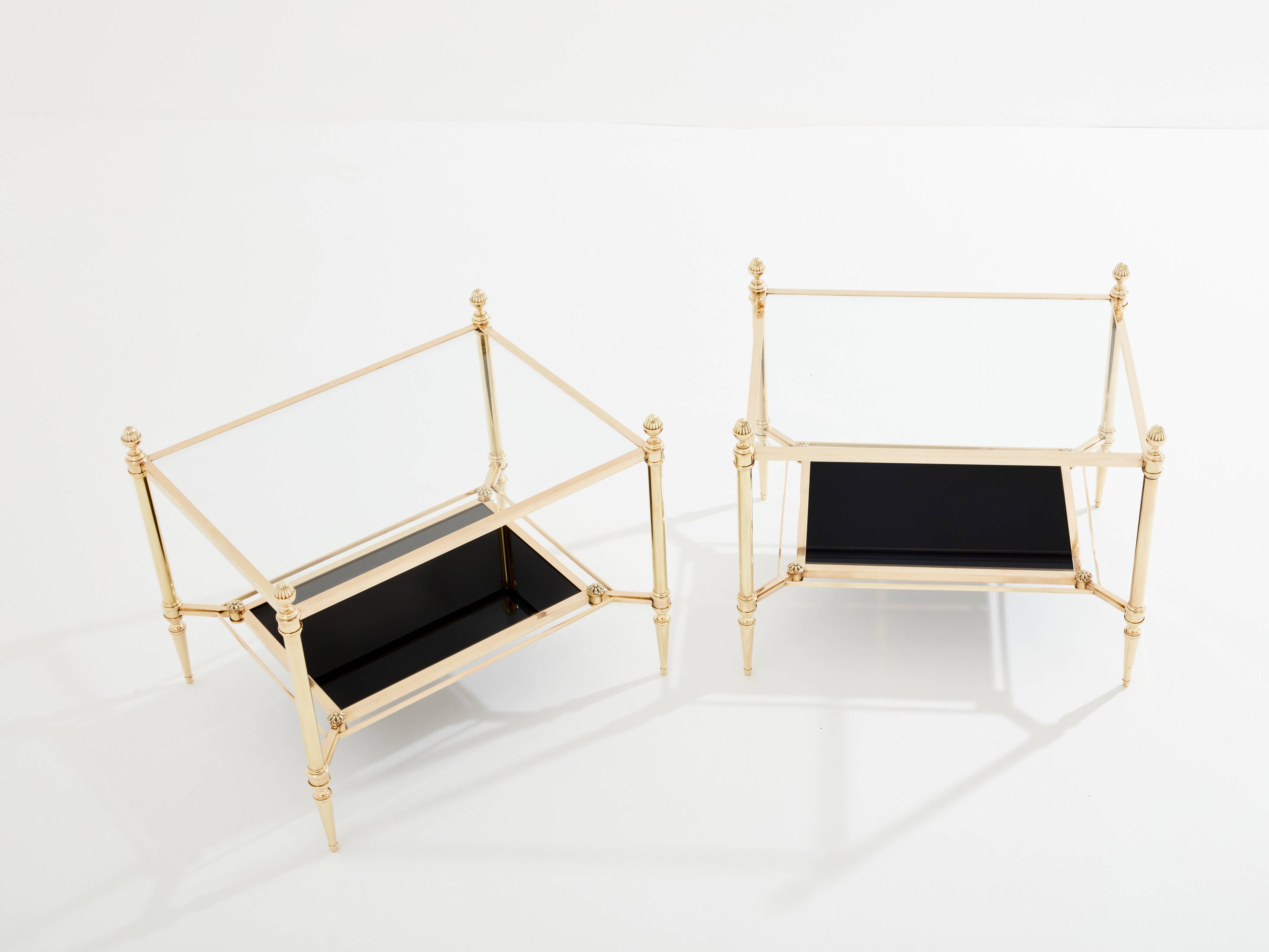 Maison Jansen style pair of brass opaline glass side tables 1970