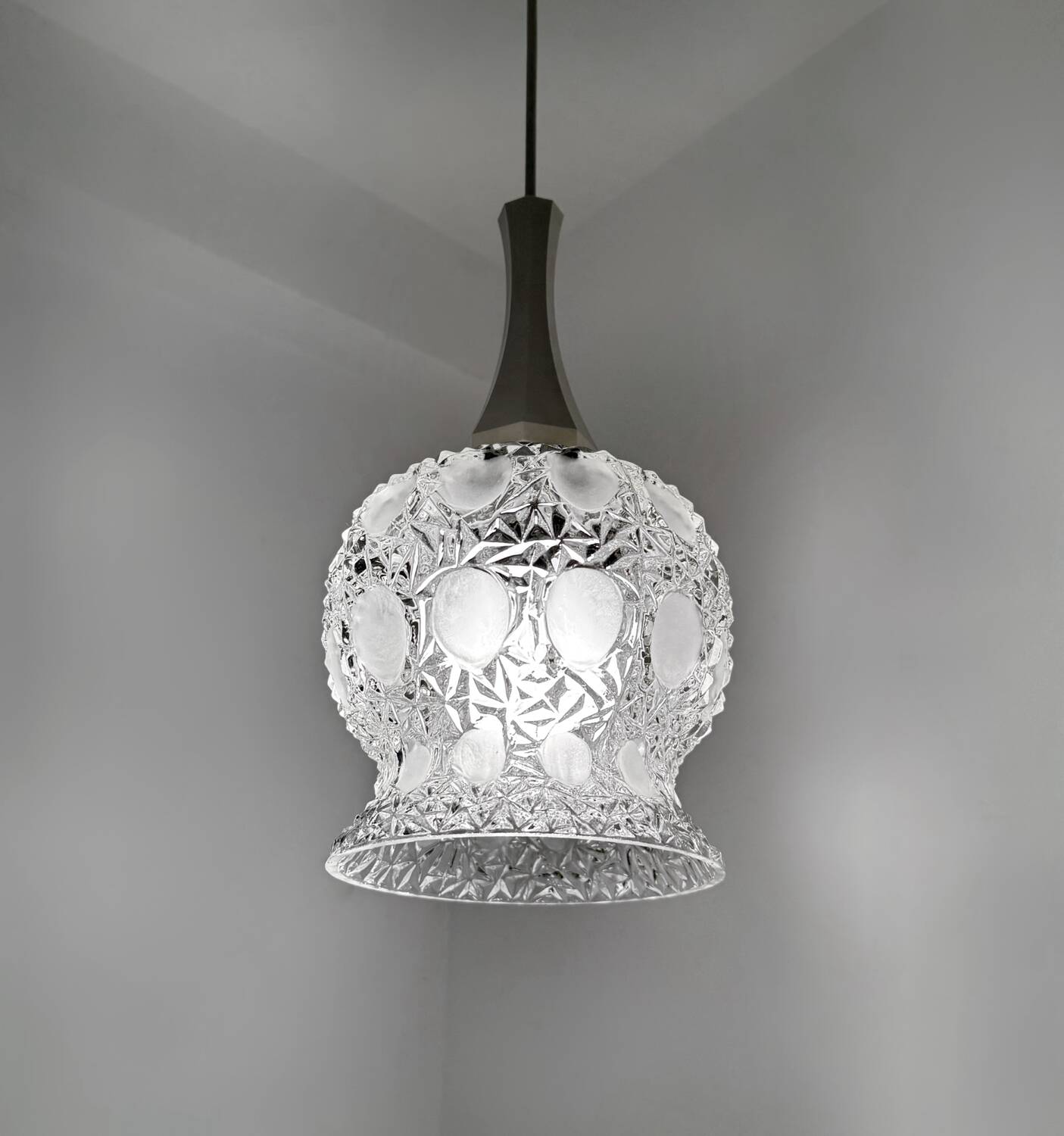 Pressed molded glass pendant light from the 60s