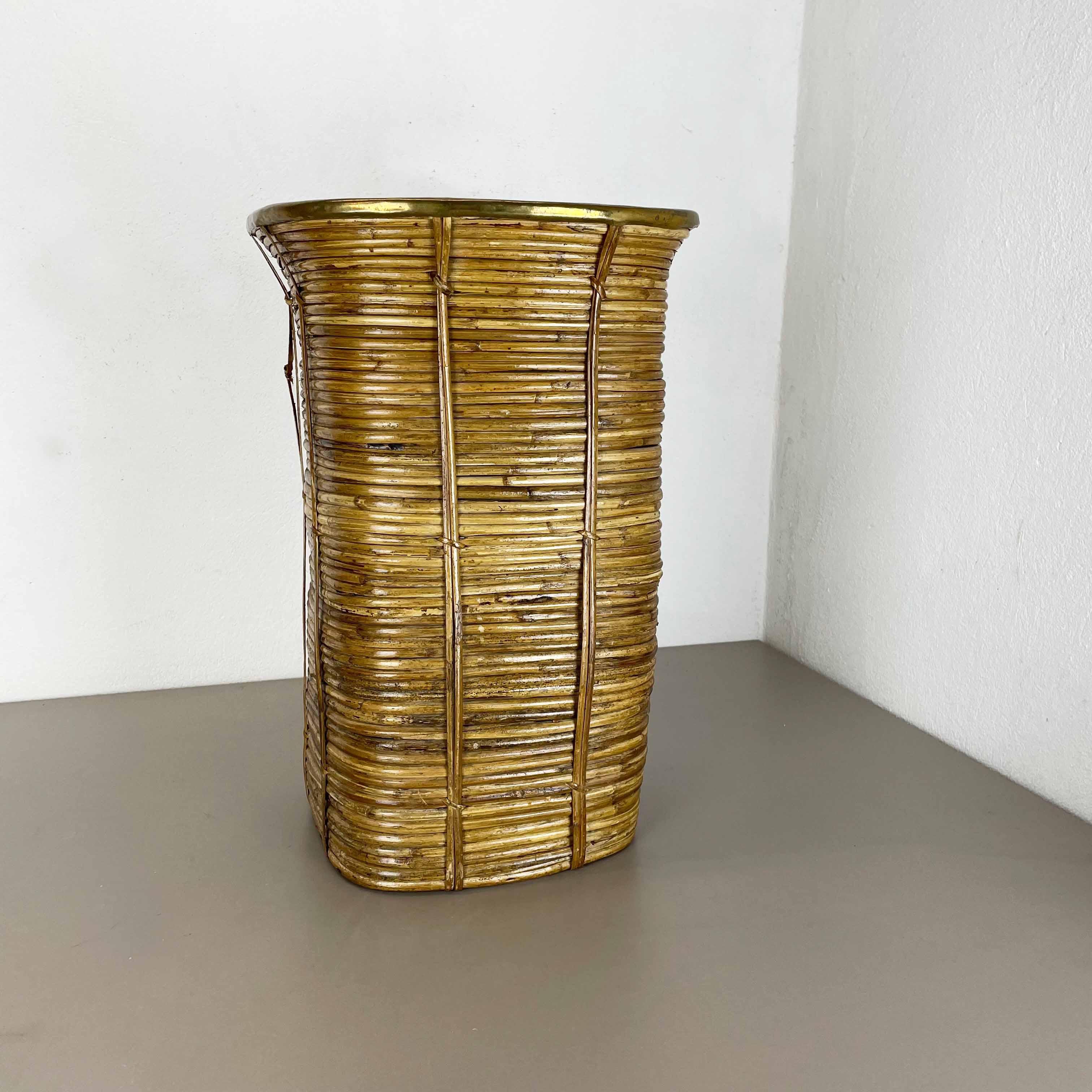 Aubock style rattan and brass bauhaus waste bin France 1960s