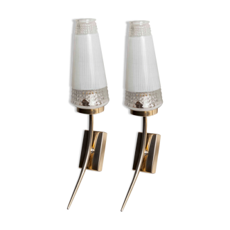 Pair of brass sconces and white and transparent glass 1960