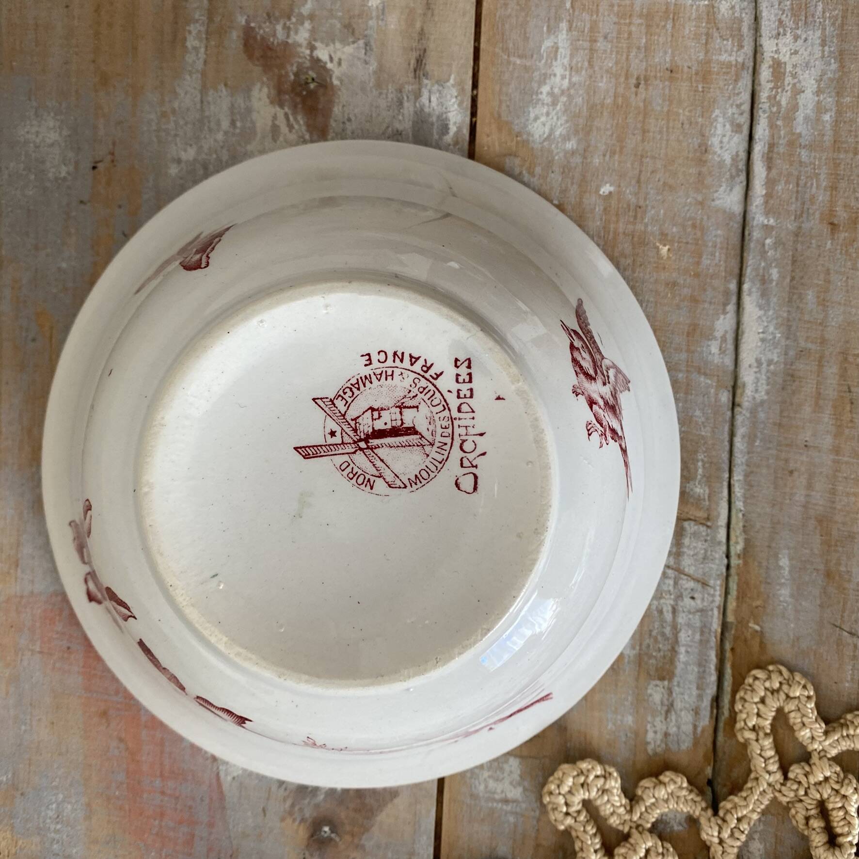 Ancient ironstone bowl Moulins des Loups "orchids"