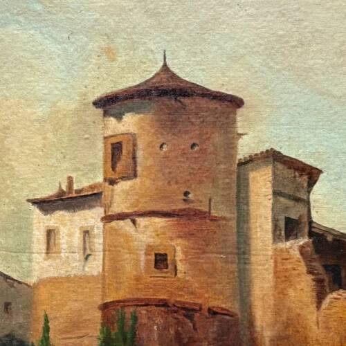 Landscape of a fortified village hamlet from the 19th century - Original antique oil painting.