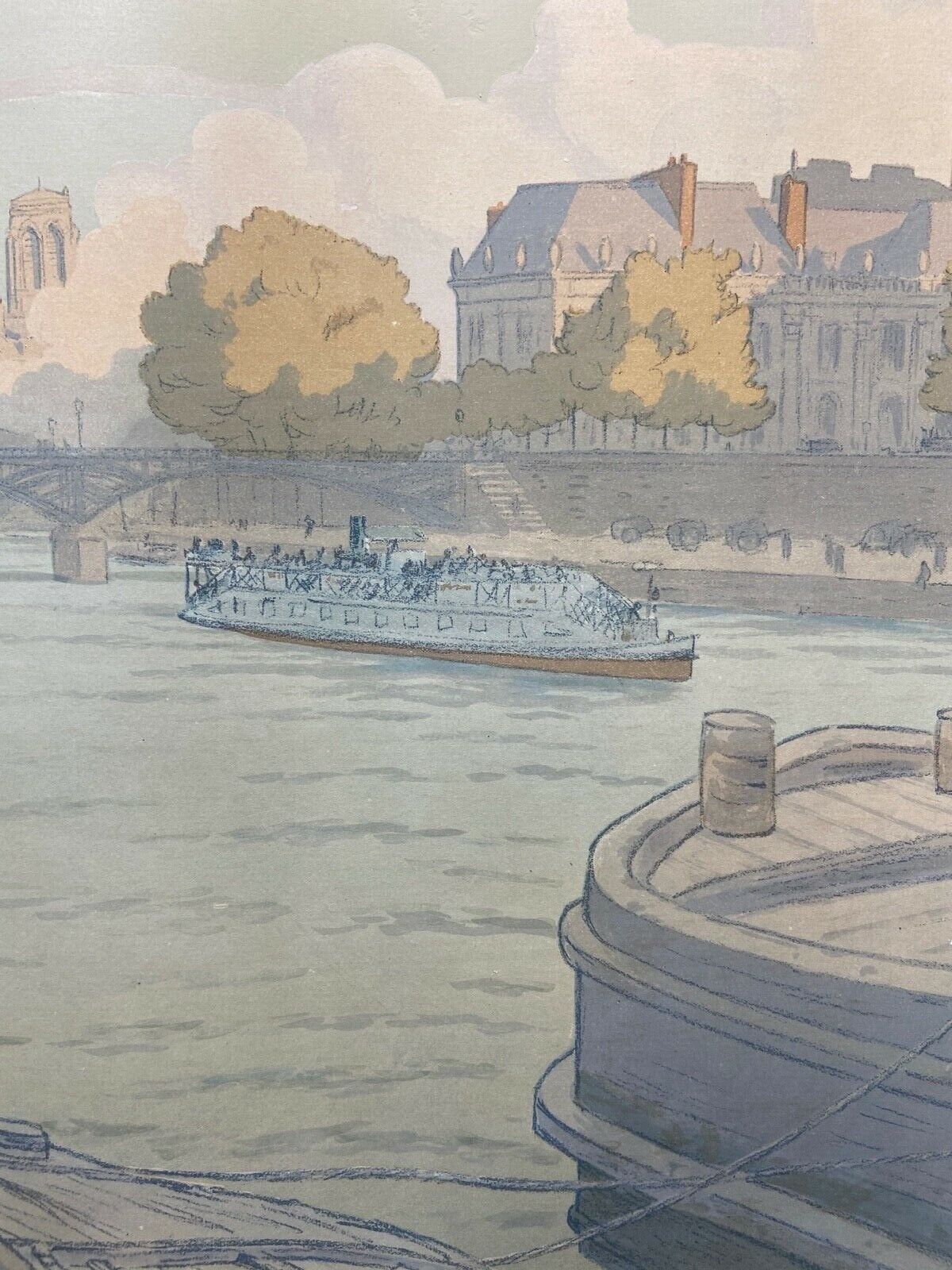 Lithograph Henri Riviere, l'institut et la cite serie paysages parisiens