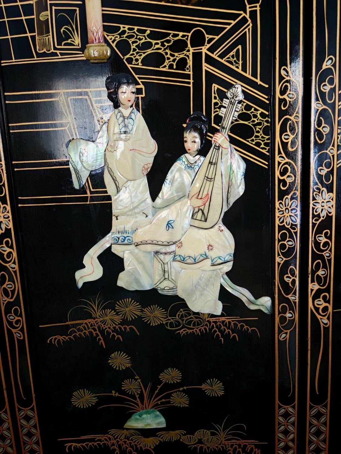 Chinese wooden paintings inlaid with stones