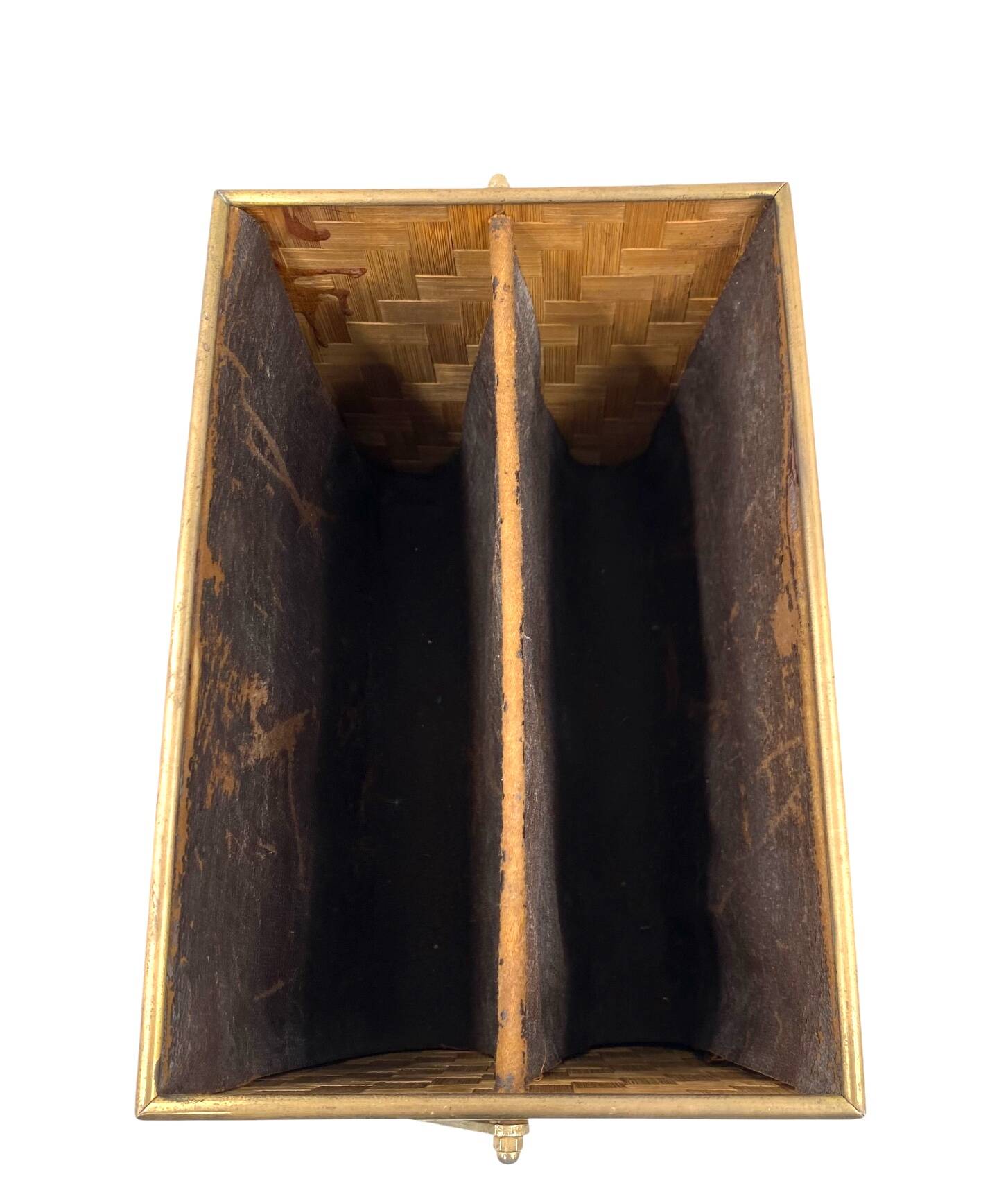 Hollywood regency brass and woven bamboo magazine rack, Metal Linea Nova Italy 1970