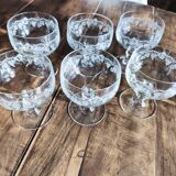 Set of 6 vintage glass champagne glasses with grape cluster filigree