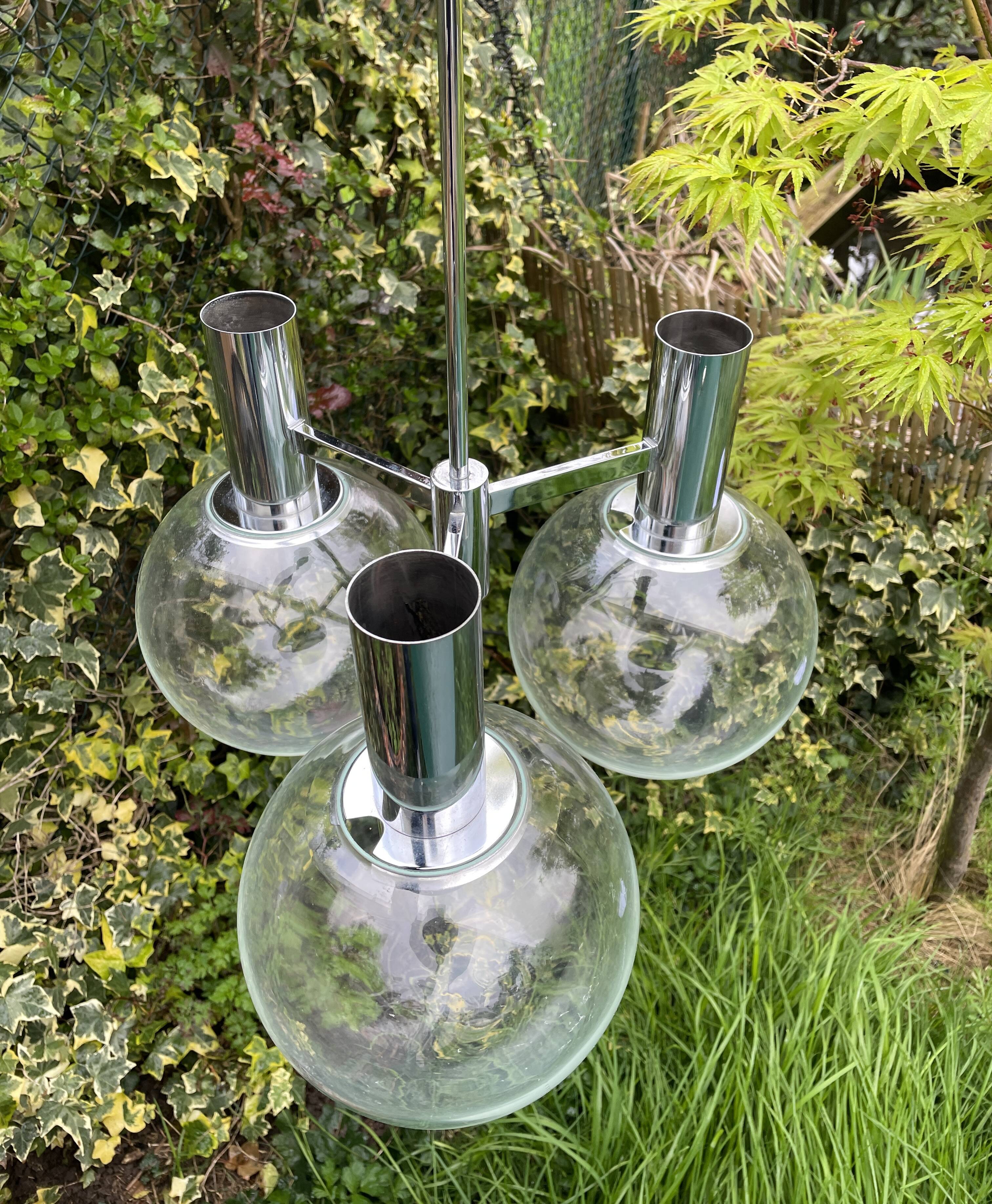 Kaiser Germany, chrome chandelier / suspension with 3 lights, glass balls. 1960