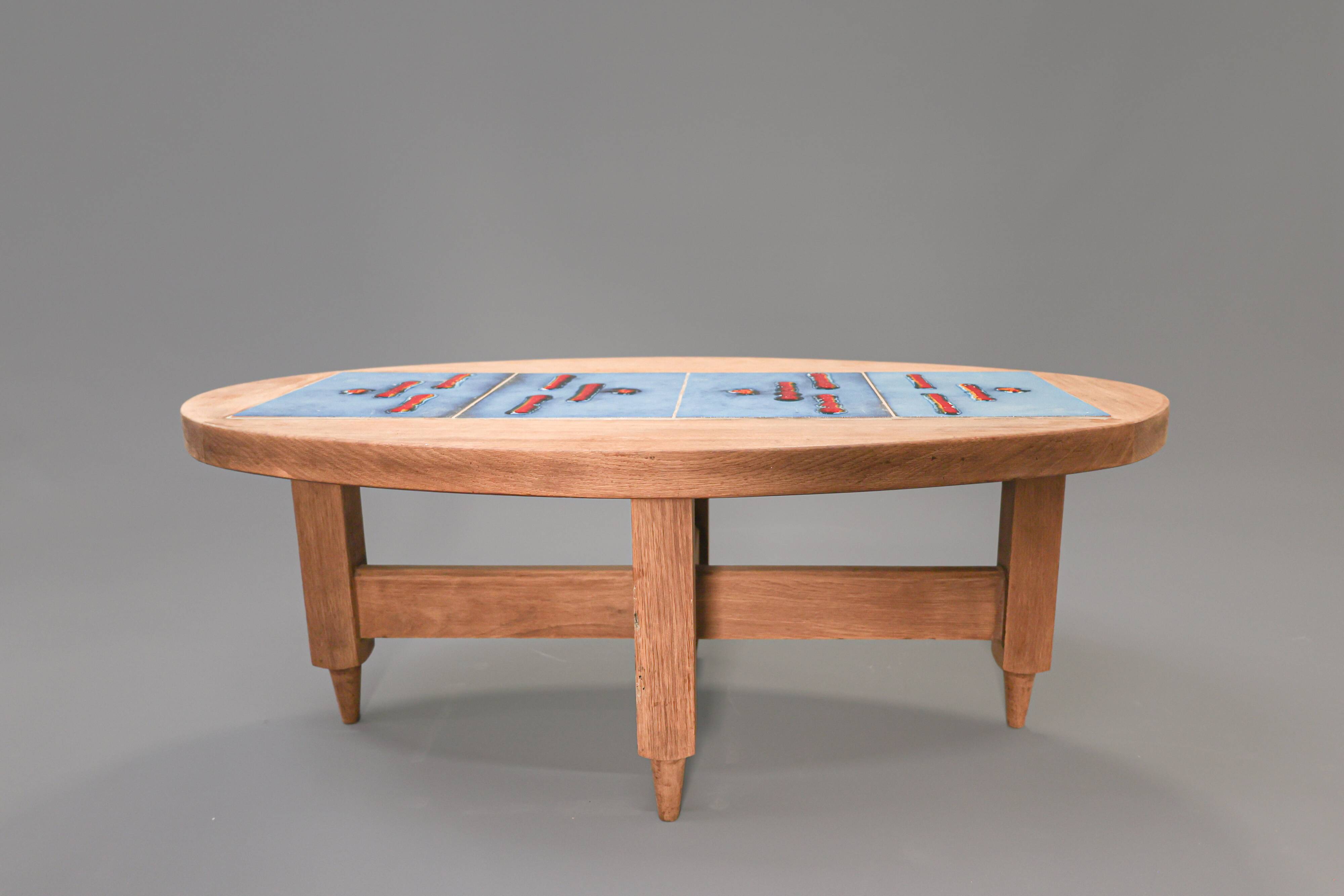 Oak and tile coffee table by Guillerme et Chambron for Votre Maison, 1970s.