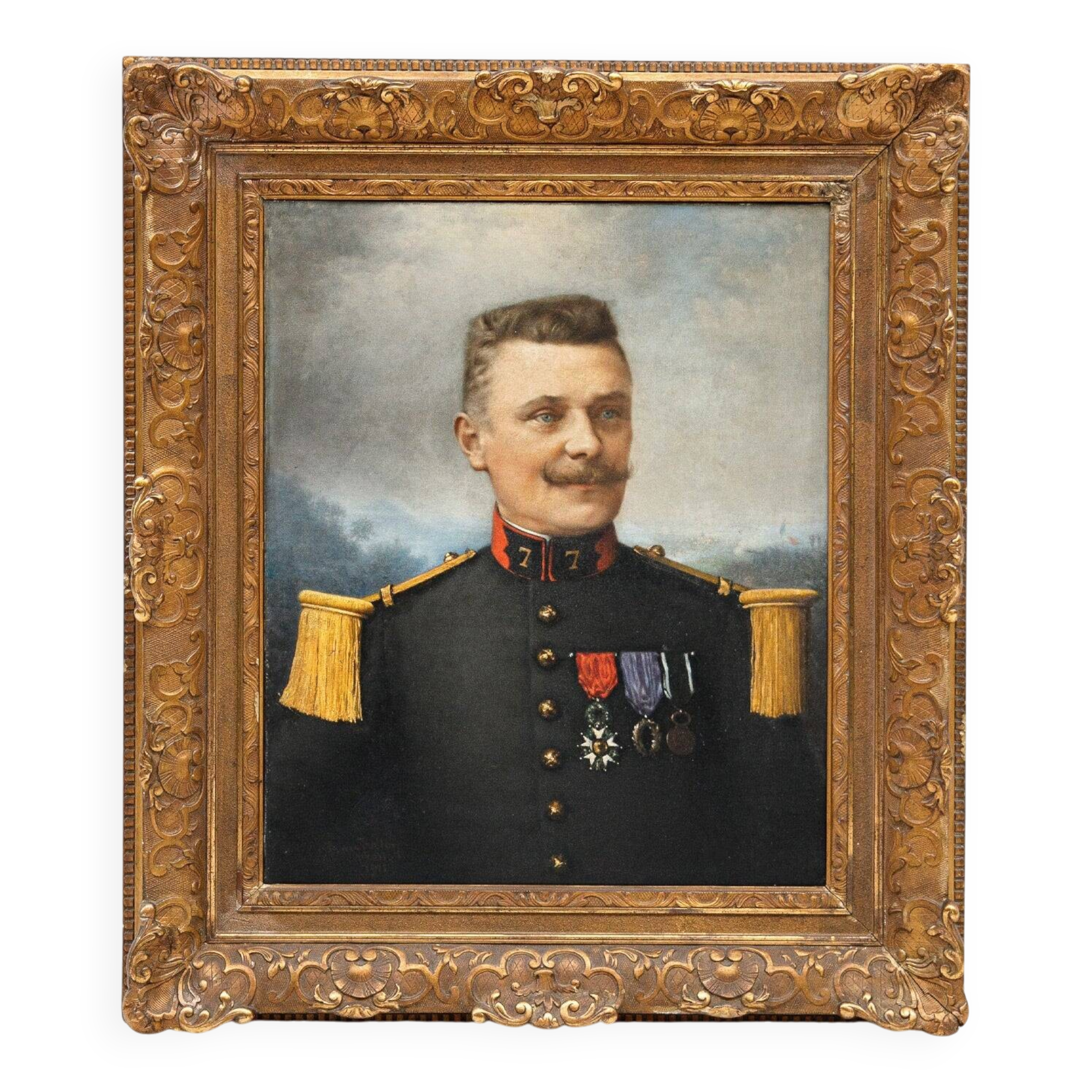 Antique portrait painting of a decorated gentleman with icy blue eyes