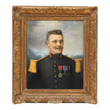 Antique portrait painting of a decorated gentleman with icy blue eyes