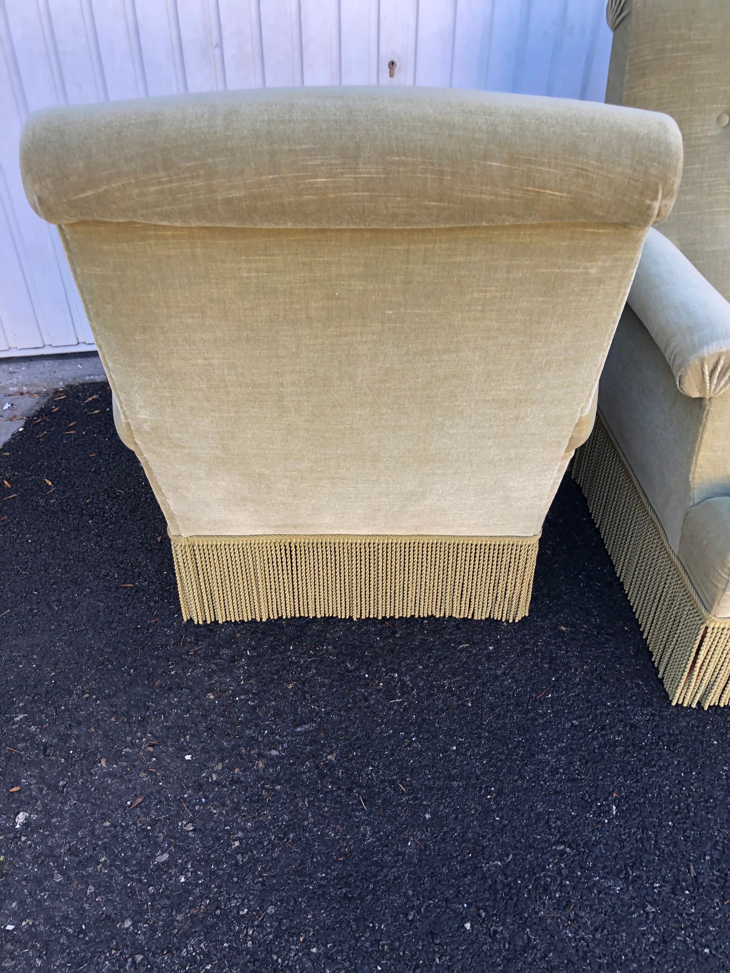 Pair of vintage almond green velvet armchairs