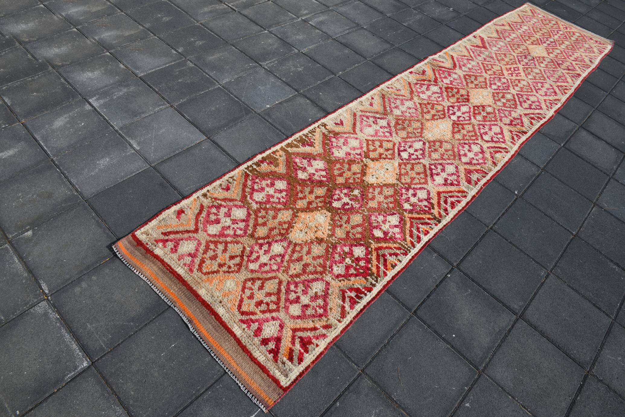 Tapis de Couloir Turc Vintage, Laine Rouge & Beige Géométrique, 83x388 Cm