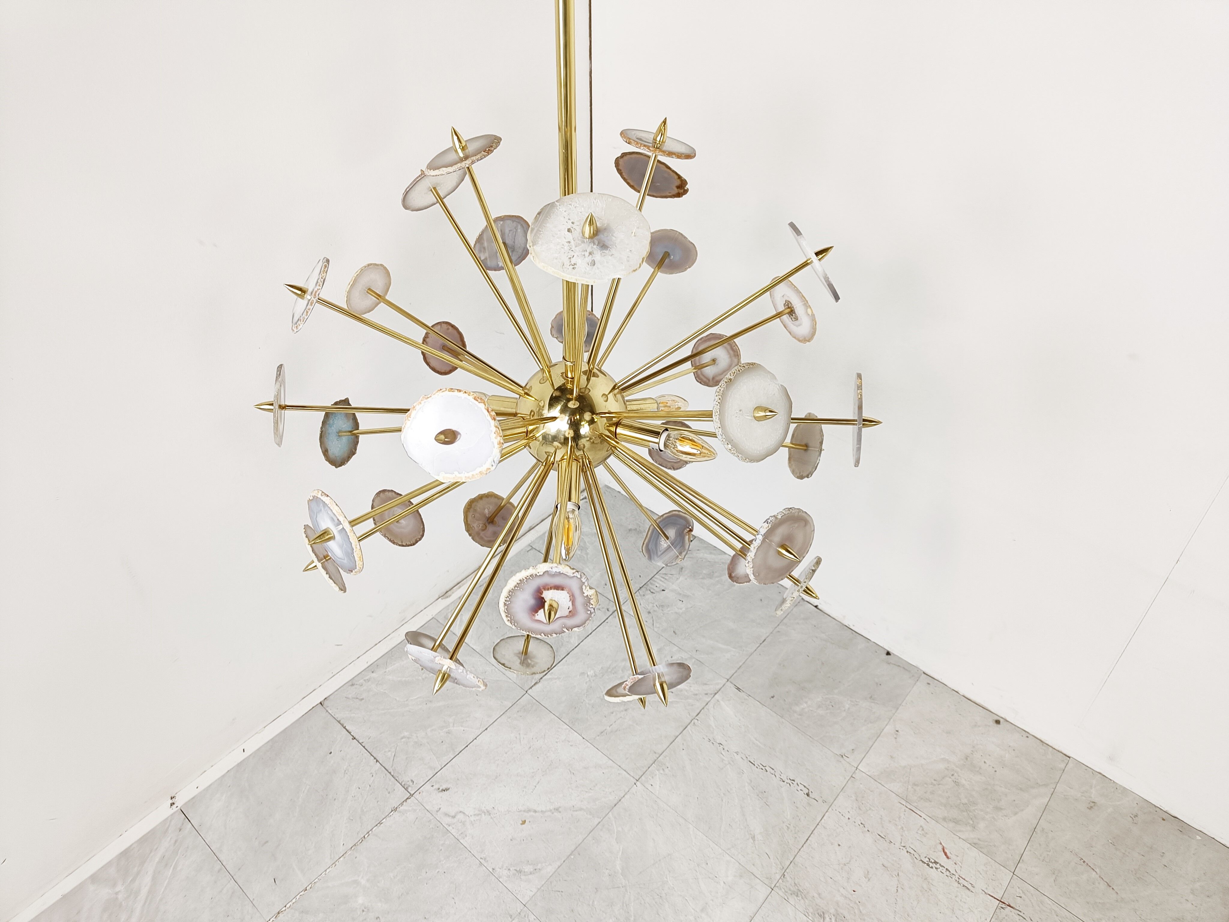 Brass and agate stone sputnik chandelier 1980s