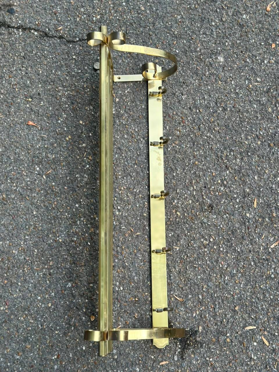 Hollywood Regency wall coat rack, gold brass, hat shelf, 1960s.