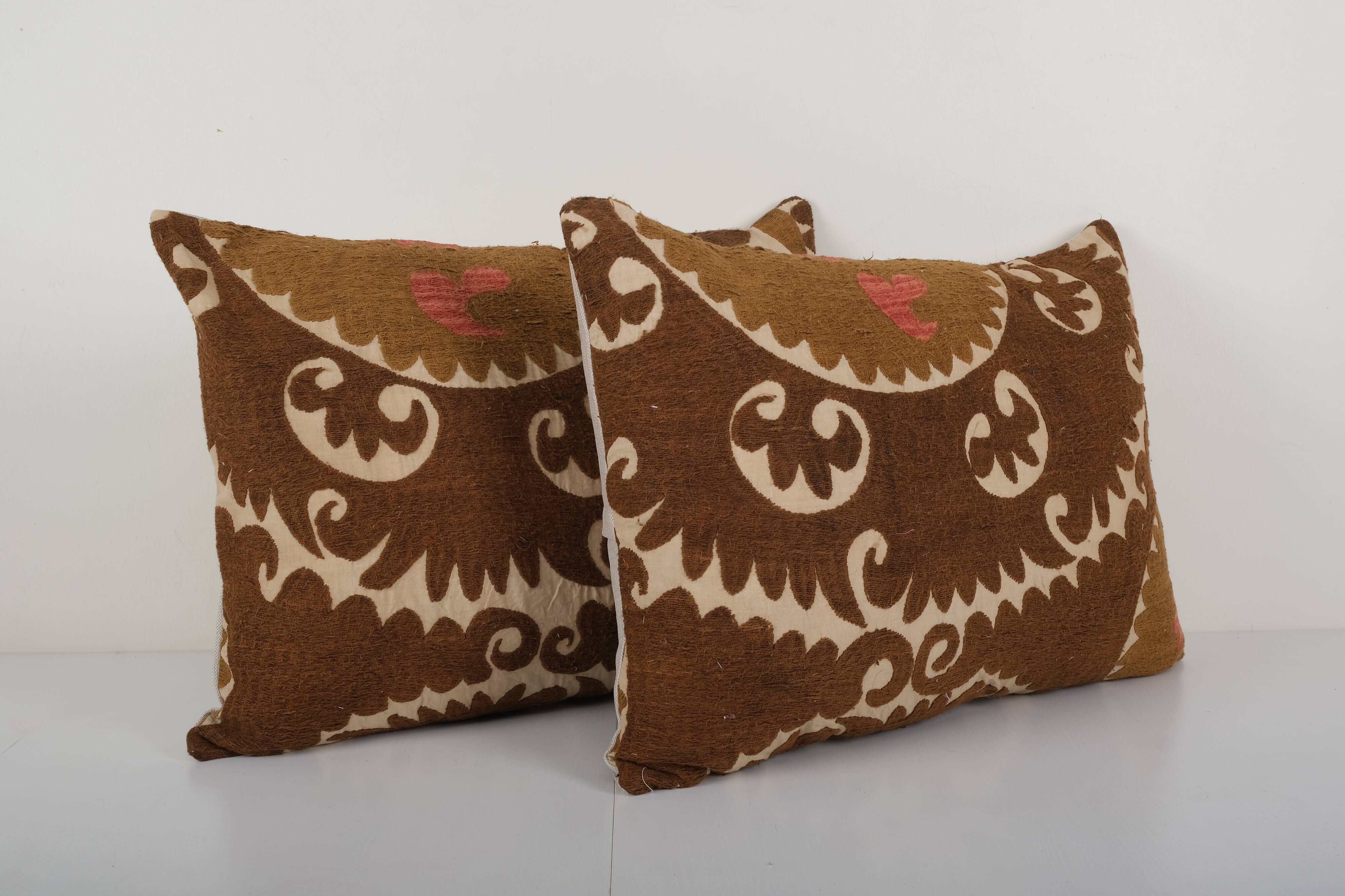 Uzbek faded brown suzani cushion cover, set of two suzani pillow case made from a 19th century suzan