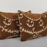 Uzbek faded brown suzani cushion cover, set of two suzani pillow case made from a 19th century suzan