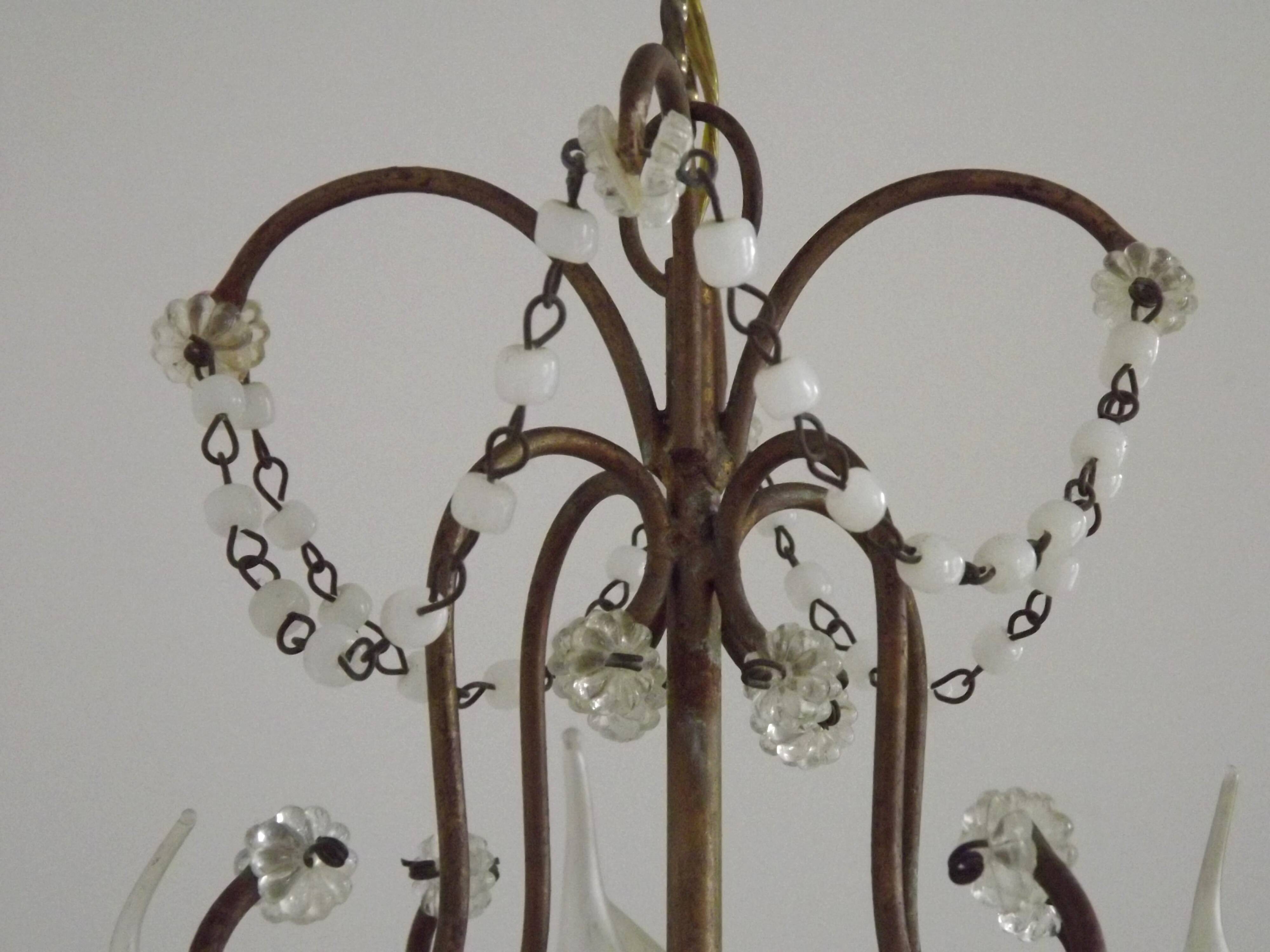 French Vintage 4 Light Metal Cage Chandelier with White Murano Drops and Beads