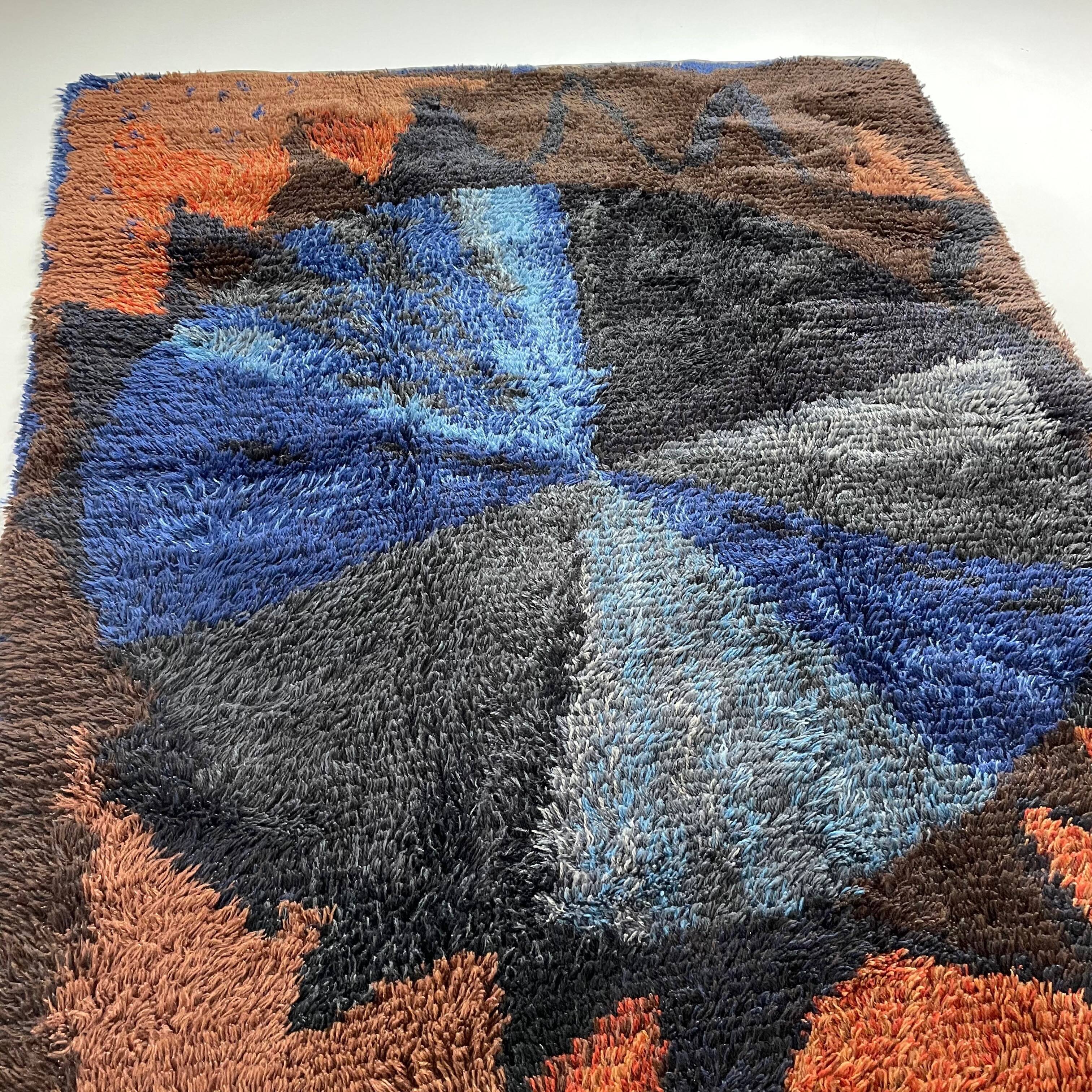 Abstract Scandinavian Multicolor High Pile Rya Rug Carpet, Sweden, 1960s