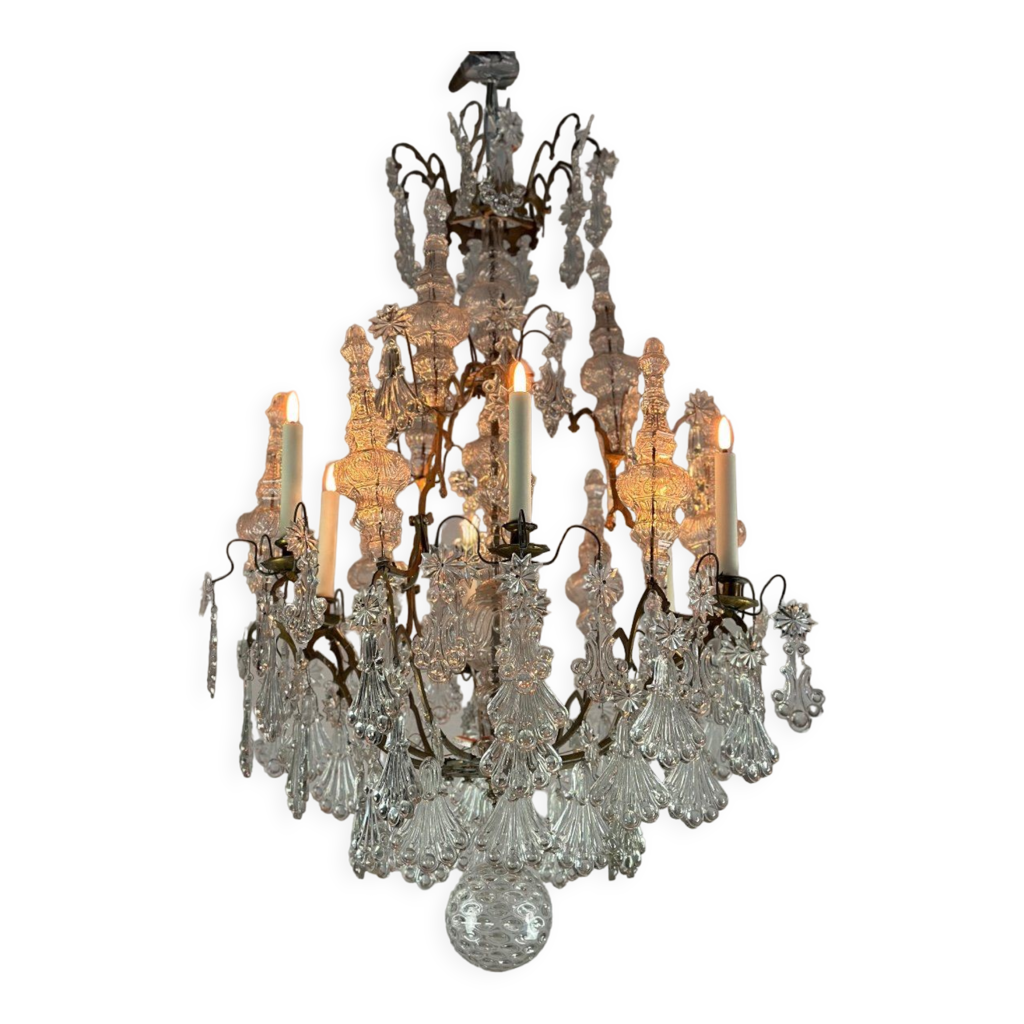 Lustre cage en bronze garni de pampilles en forme de plume de paon vers ...