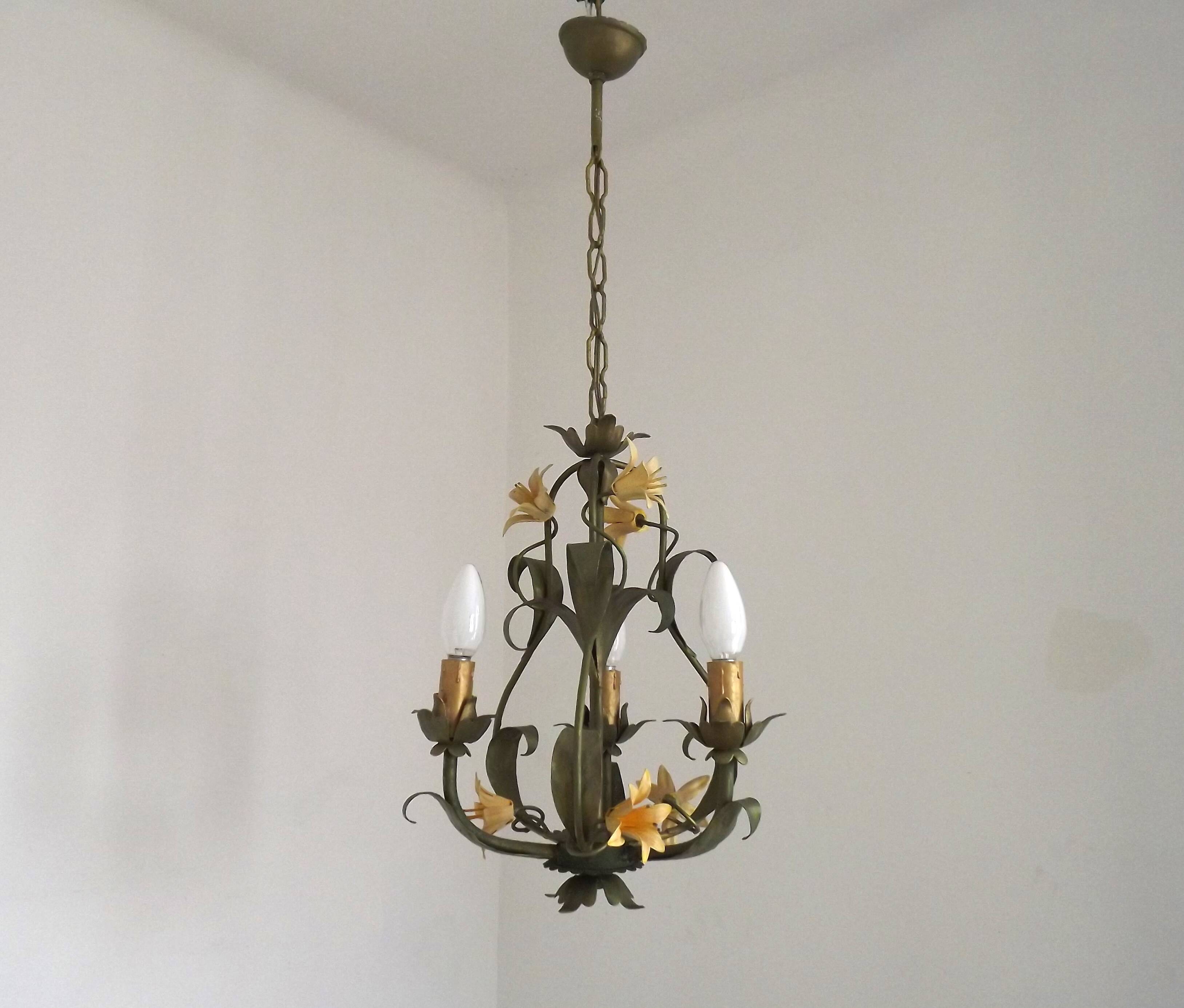 French Vintage 3 Light Cage Chandelier Hand Painted Floral Design