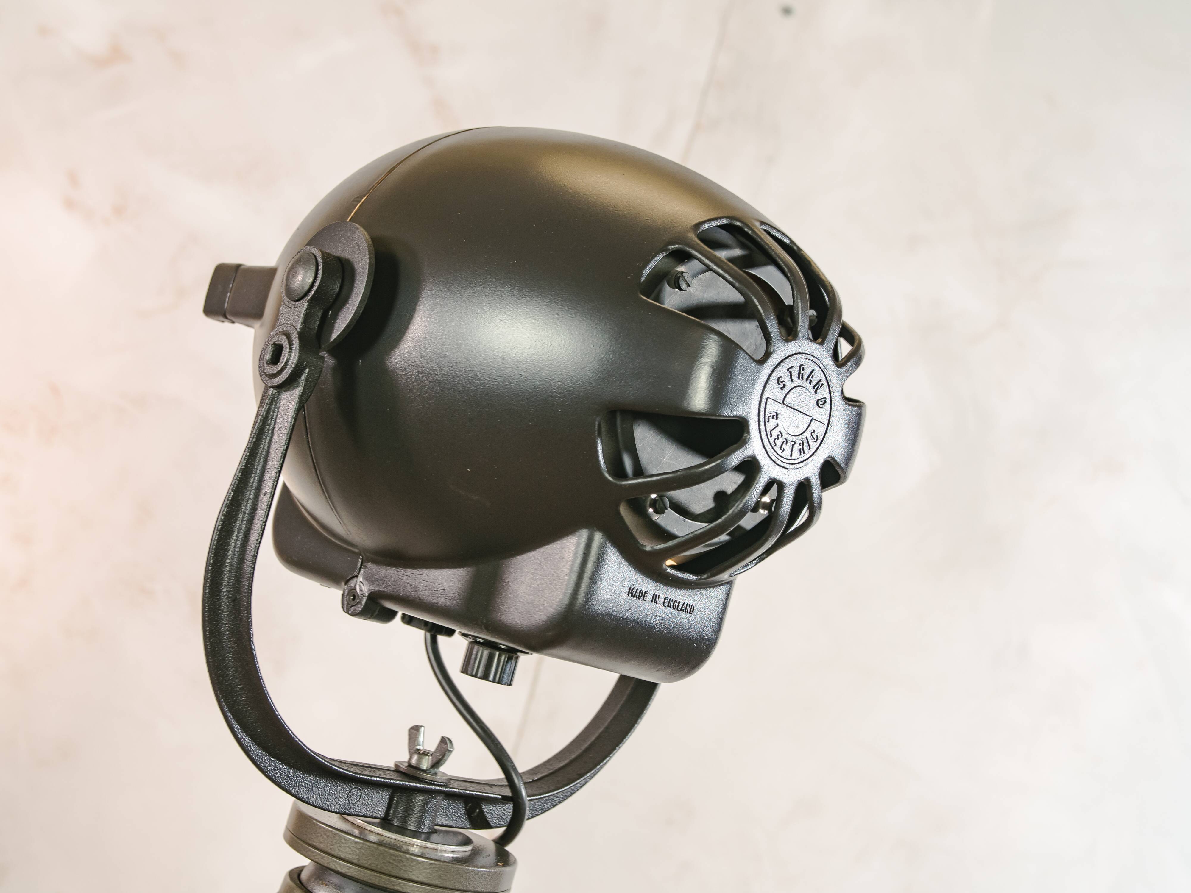 Vintage 1950s Strand Electric Patt 123 Theatre lamp on an old Wooden Army Surveyors Tripod