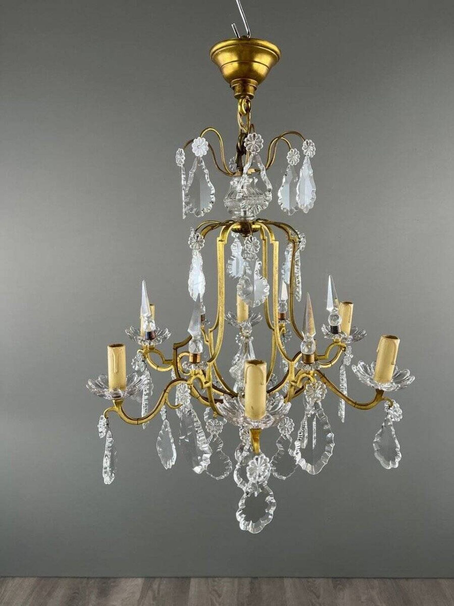 Lustre En Laiton Et Cristal, XXe Siècle