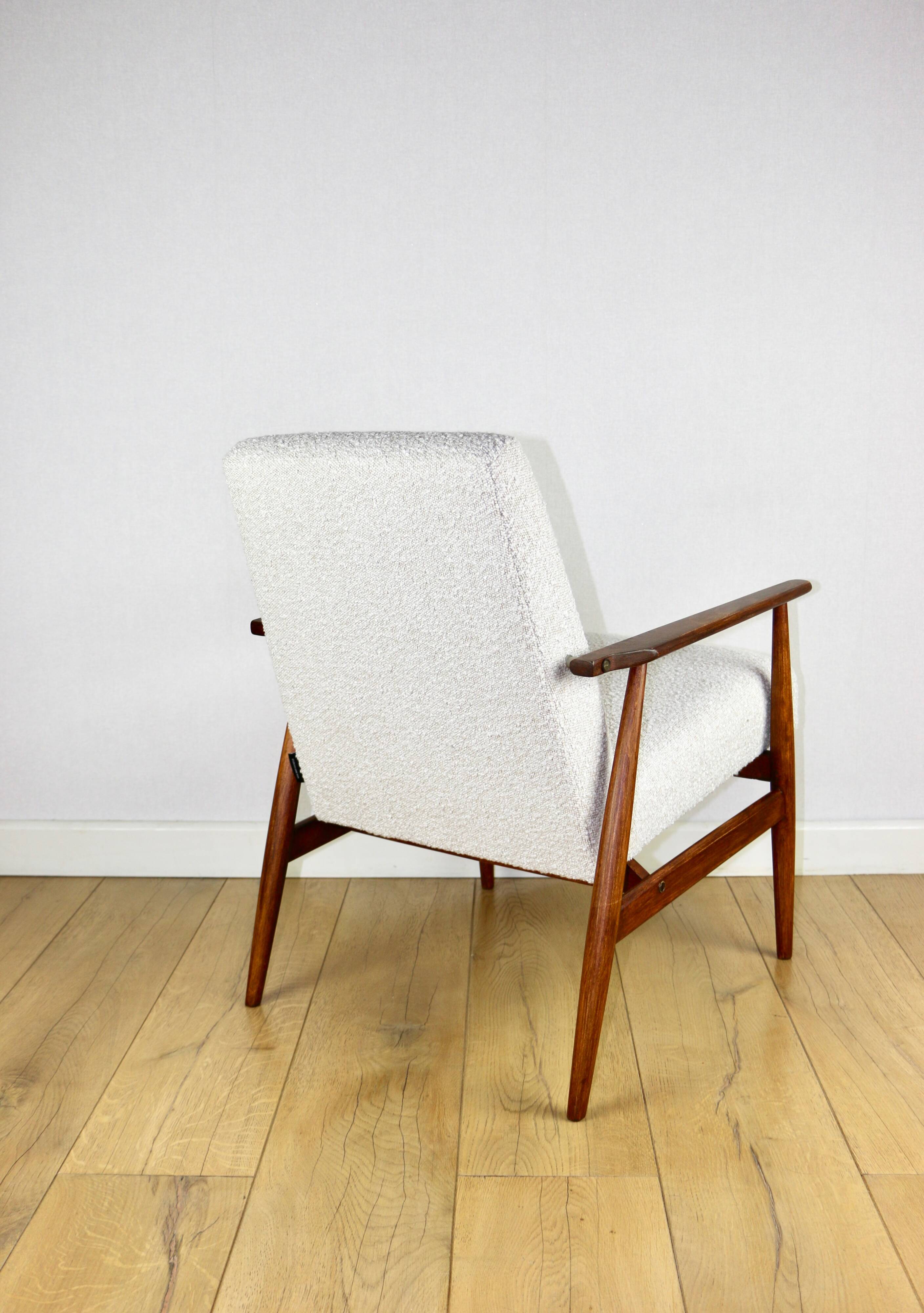 Armchair 'Lis', 1970s, white boucle, design by Henryk Lis - dark wood - 2 pieces available