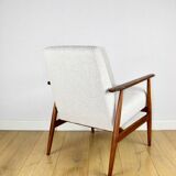 Armchair 'Lis', 1970s, white boucle, design by Henryk Lis - dark wood - 2 pieces available